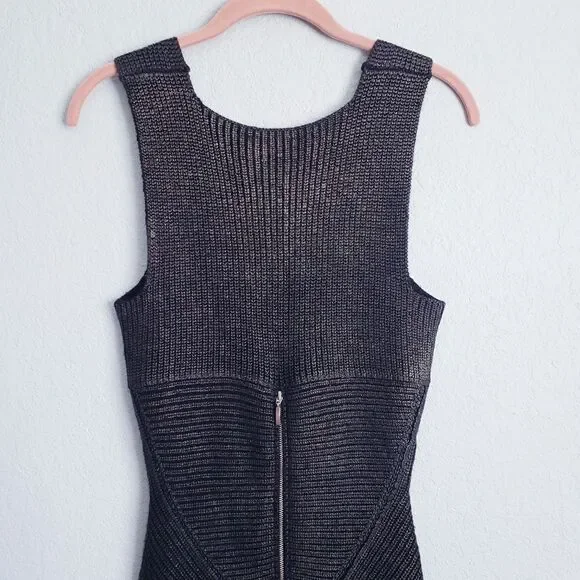Mara Huffman Black Metallic Knit Ribbed Bodycon Dress with‎ Zipper Details